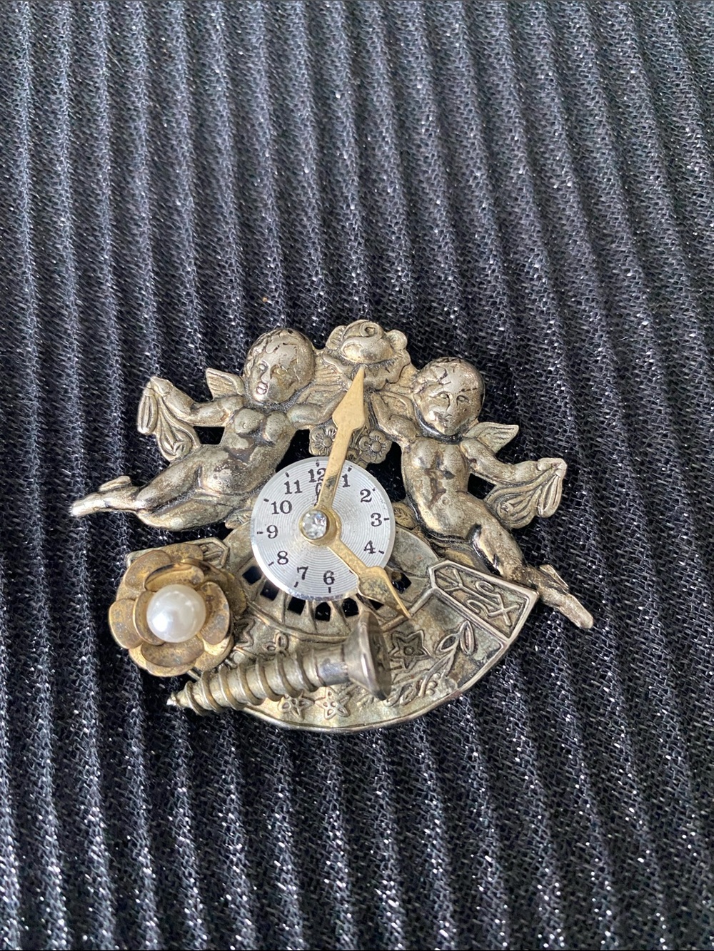 Vintage Silver and Gold Cherub Clock Face Brooch with Faux Pearl